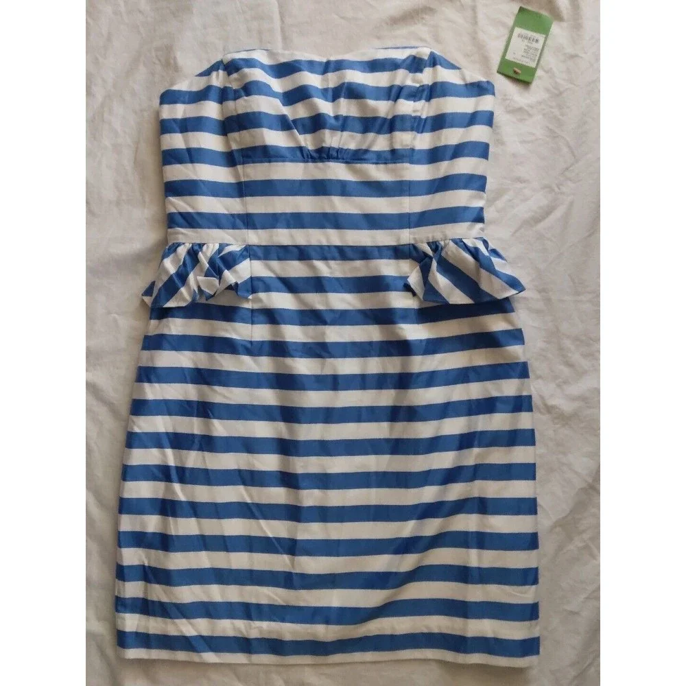 Lilly Pulitzer Maybell Dress Blue Swizzle Stripe Strapless Peplum Womens Size 10 - Picture 3 of 13